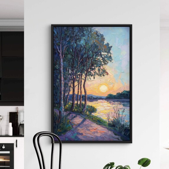Lakeside Sunset Wall Art Golden Hour Print With Vibrant Colors Peaceful Water And Tall Trees Modern Impressionist Landscape