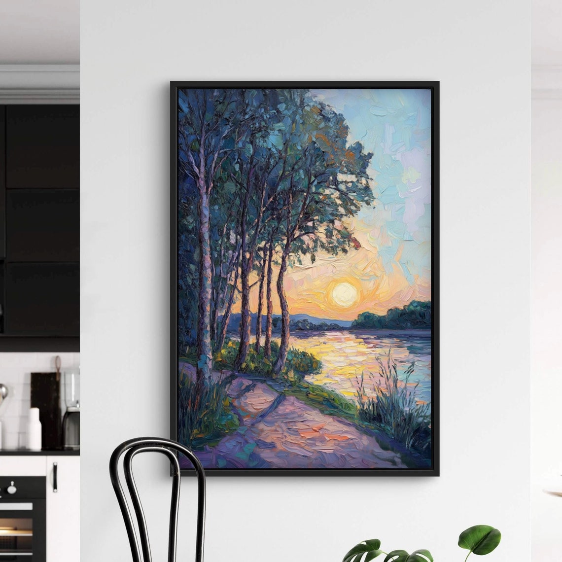 Lakeside Sunset Impressionist Golden Water Birch Trees Path Art Poster