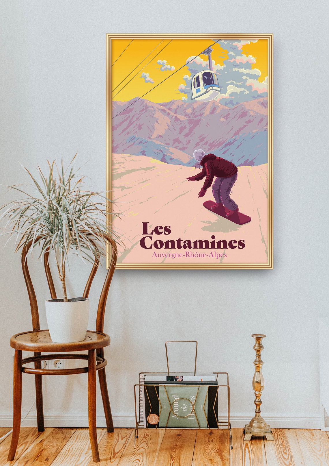 Les Contamines French Alps Golden Sunset Snowboarding Poster - Image 2