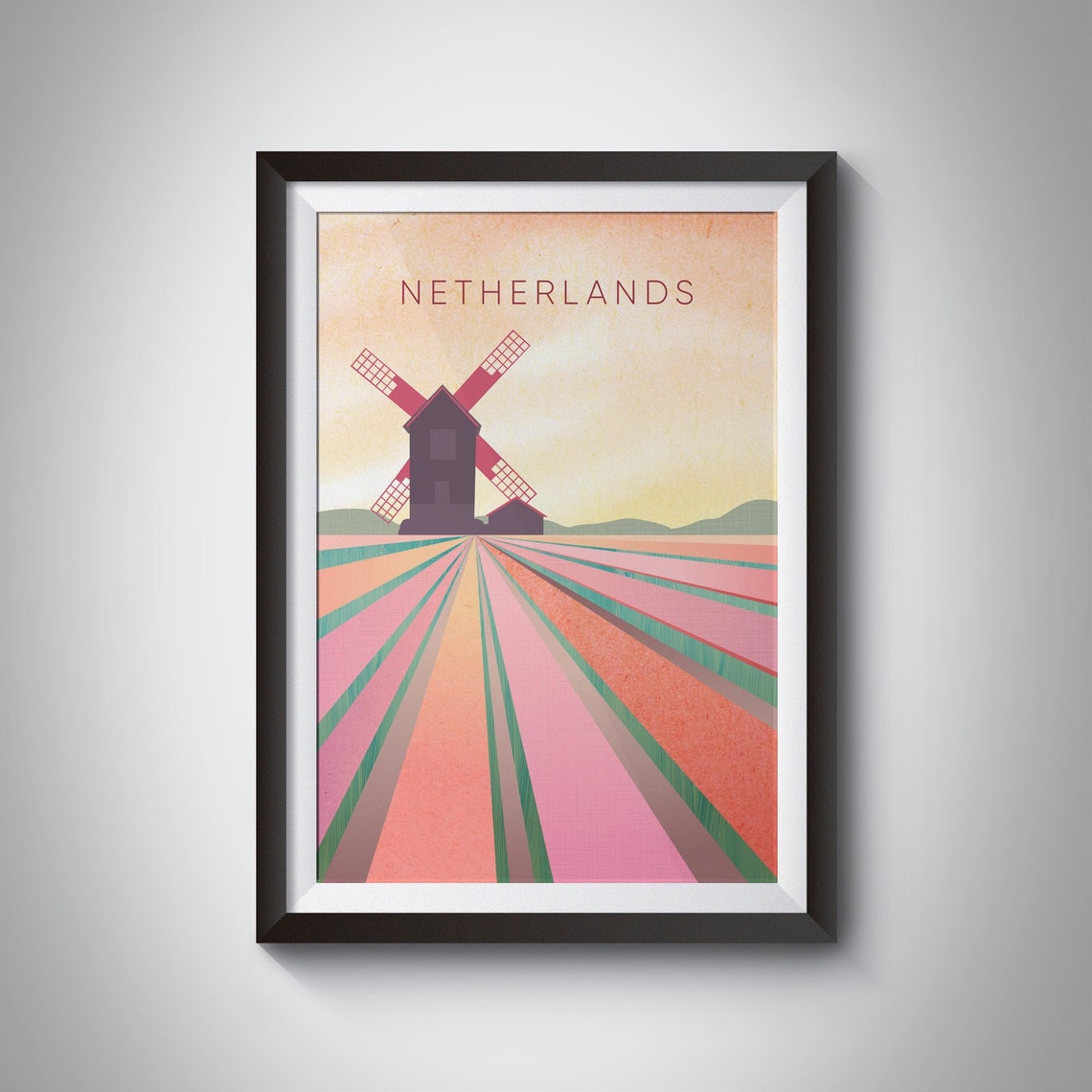 Netherlands Windmill Tulip Fields Minimalist Poster, Dutch Sunset Art