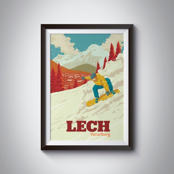 Lech Snowboarding Poster Austria Skiing Print Vorarlberg Zrs Warth Schrcken Alps Vintage Retro St Anton Mountains Ski Resort