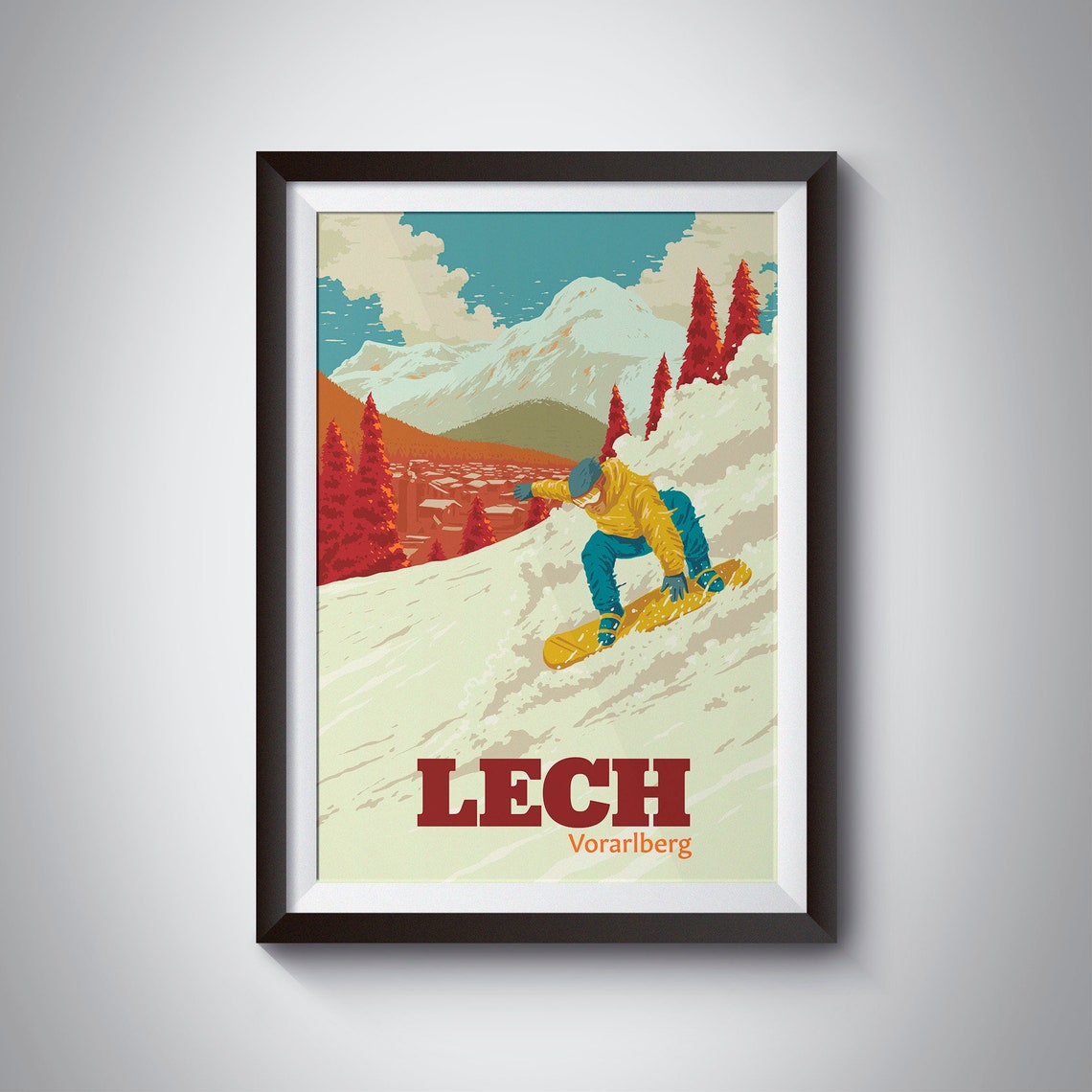 Lech Vorarlberg Austria Vintage Snowboard Carve Slope Travel Poster