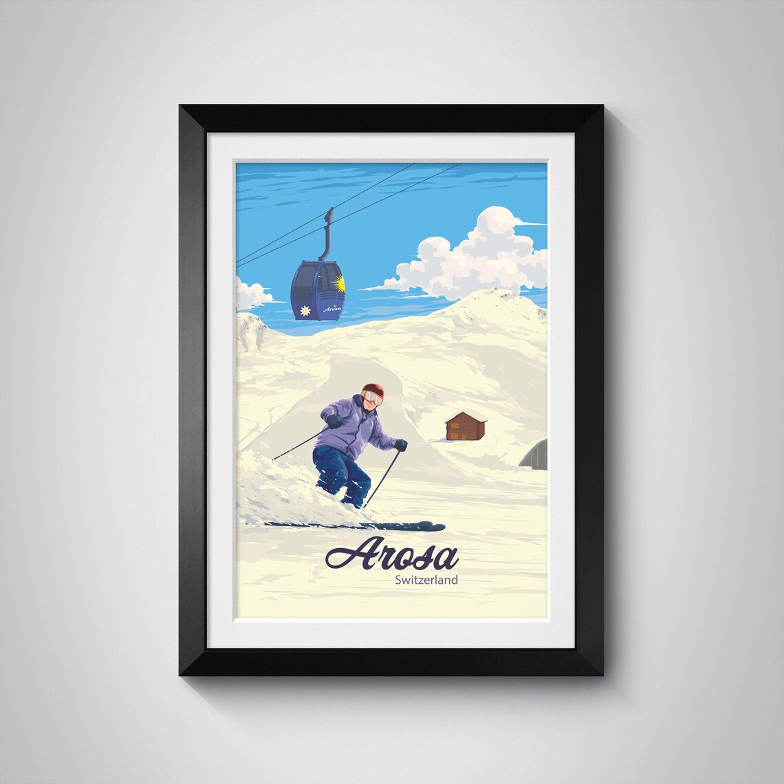 Arosa Switzerland Skier Gondola Swiss Alps Vintage Ski Travel Poster