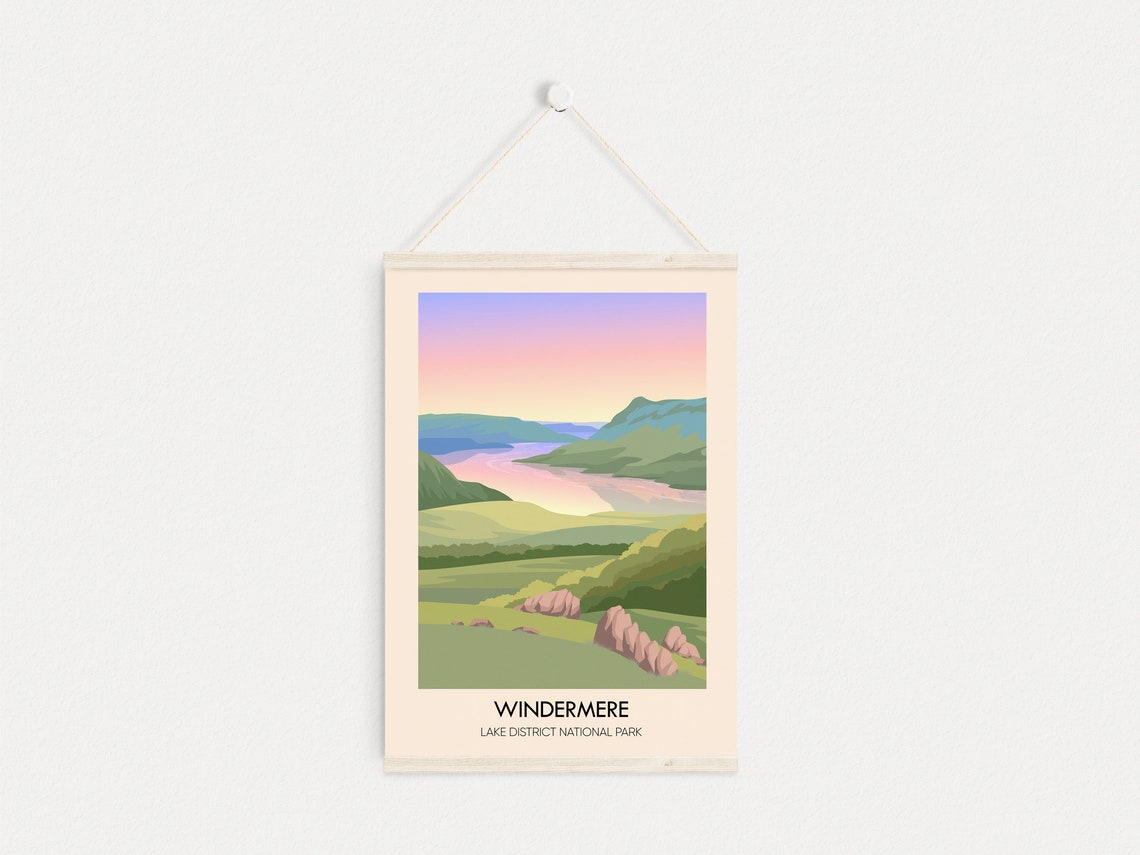 Windermere Lake District Sunset Pastel Pink Sky Travel Poster - Image 4