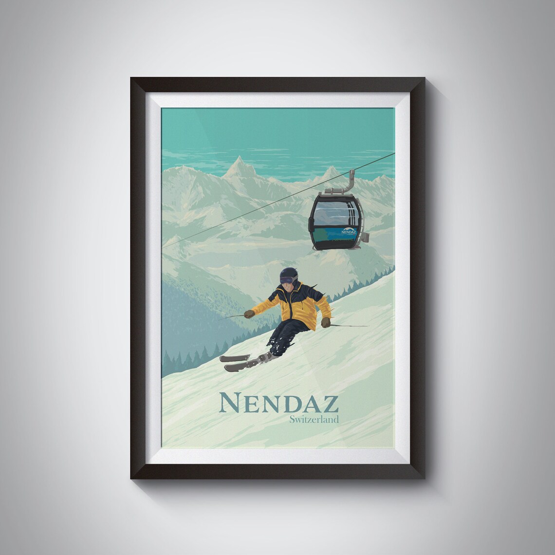 Nendaz Ski Resort Vintage Ski Poster, Swiss Alps