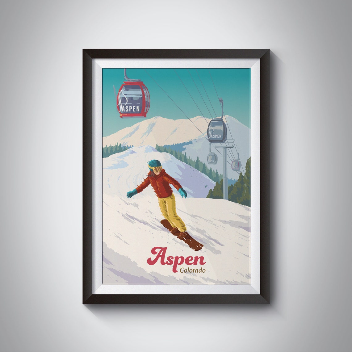 Aspen Colorado Snowboarder Gondola Retro Ski Resort Travel Poster