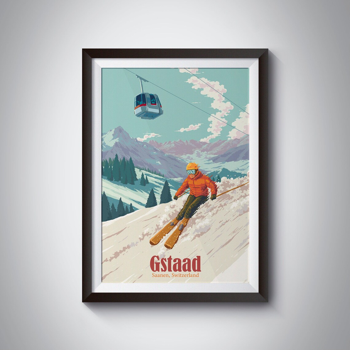 Gstaad Vintage Ski Resort Poster, Swiss Alps Travel Poster