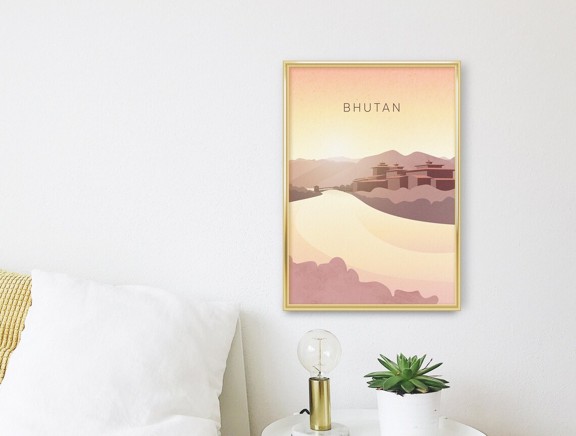 Bhutan Punakha Dzong Golden River Valley Minimalist Scene Poster - Image 3