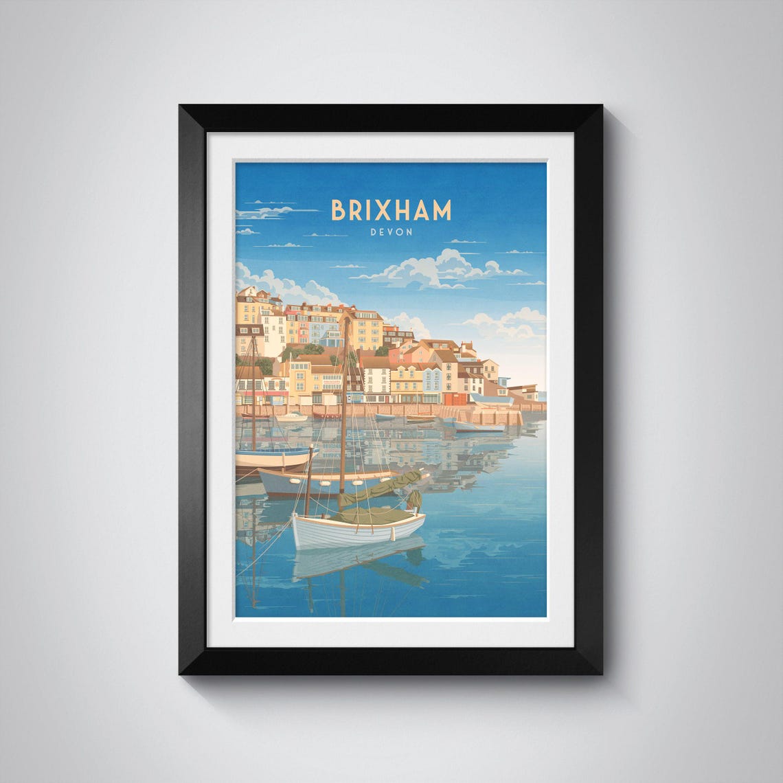 Brixham Devon Harbour Boats Colourful Waterfront Vintage Travel Poster