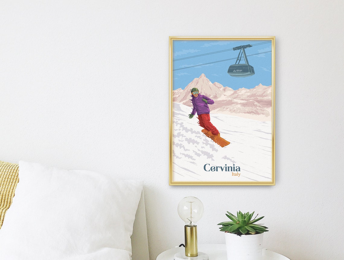 Cervinia Italy Matterhorn Snowboarder Cable Car Travel Poster - Image 3