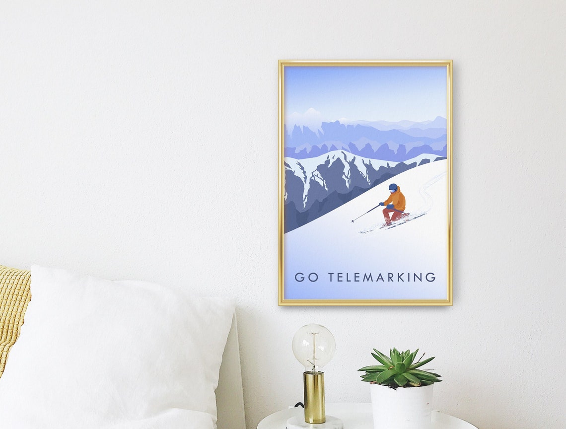 Go Telemarking Alpine Skier Minimalist Vintage Ski Art Poster - Image 3