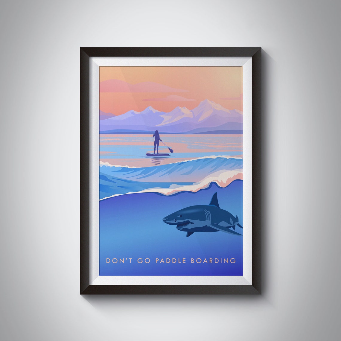 Don't Go Paddle Boarding Funny Shark Ocean Sunset Vintage Poster