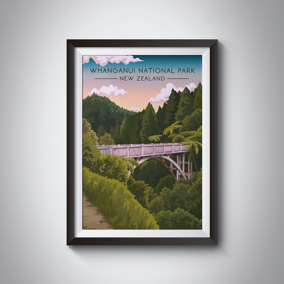 Whanganui National Park Poster New Zealand Travel Poster Bridge To Nowhere Vintage Travel Poster Framed Print Nz North Island Artwork