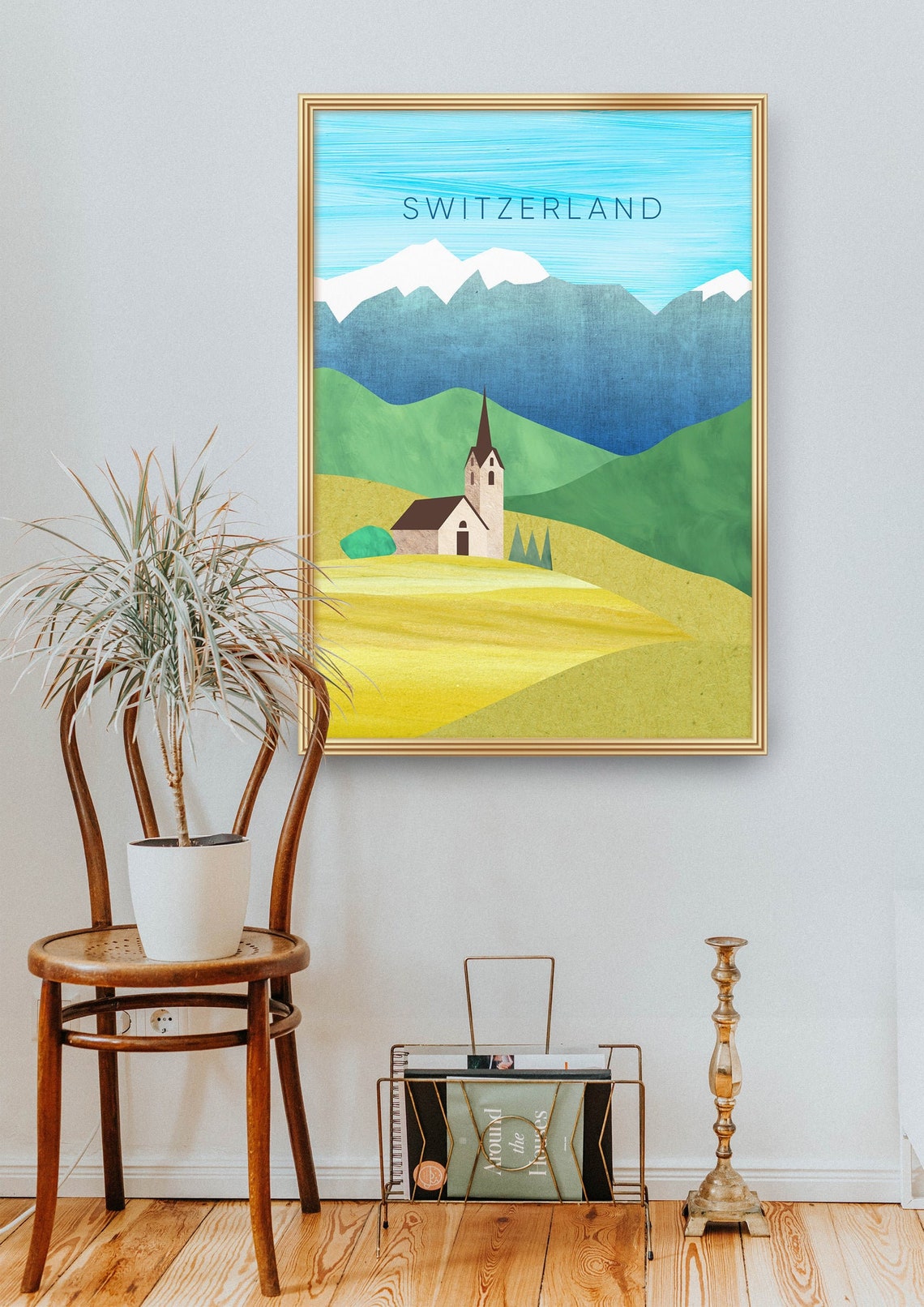 Switzerland Alpine Chapel Snowcapped Peaks Minimalist Travel Poster - Image 2