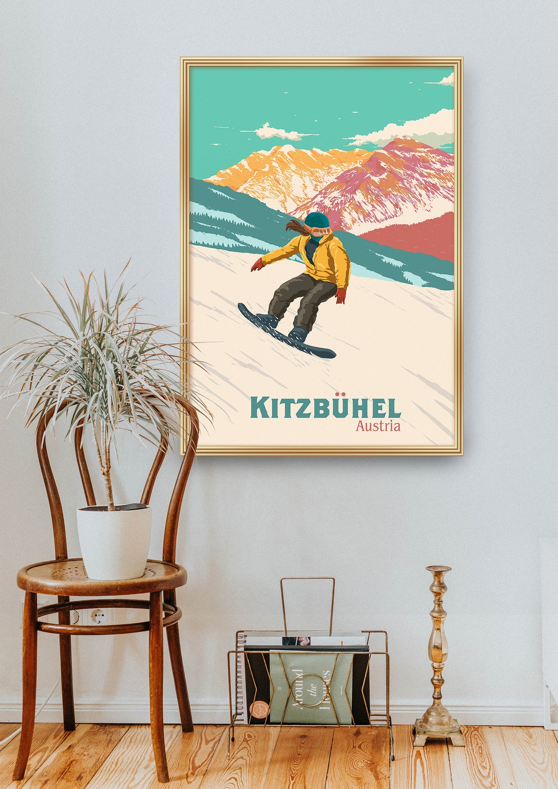 Kitzbuhel Austria Snowboarder Mid Jump Retro Alpine Ski Art Poster - Image 2
