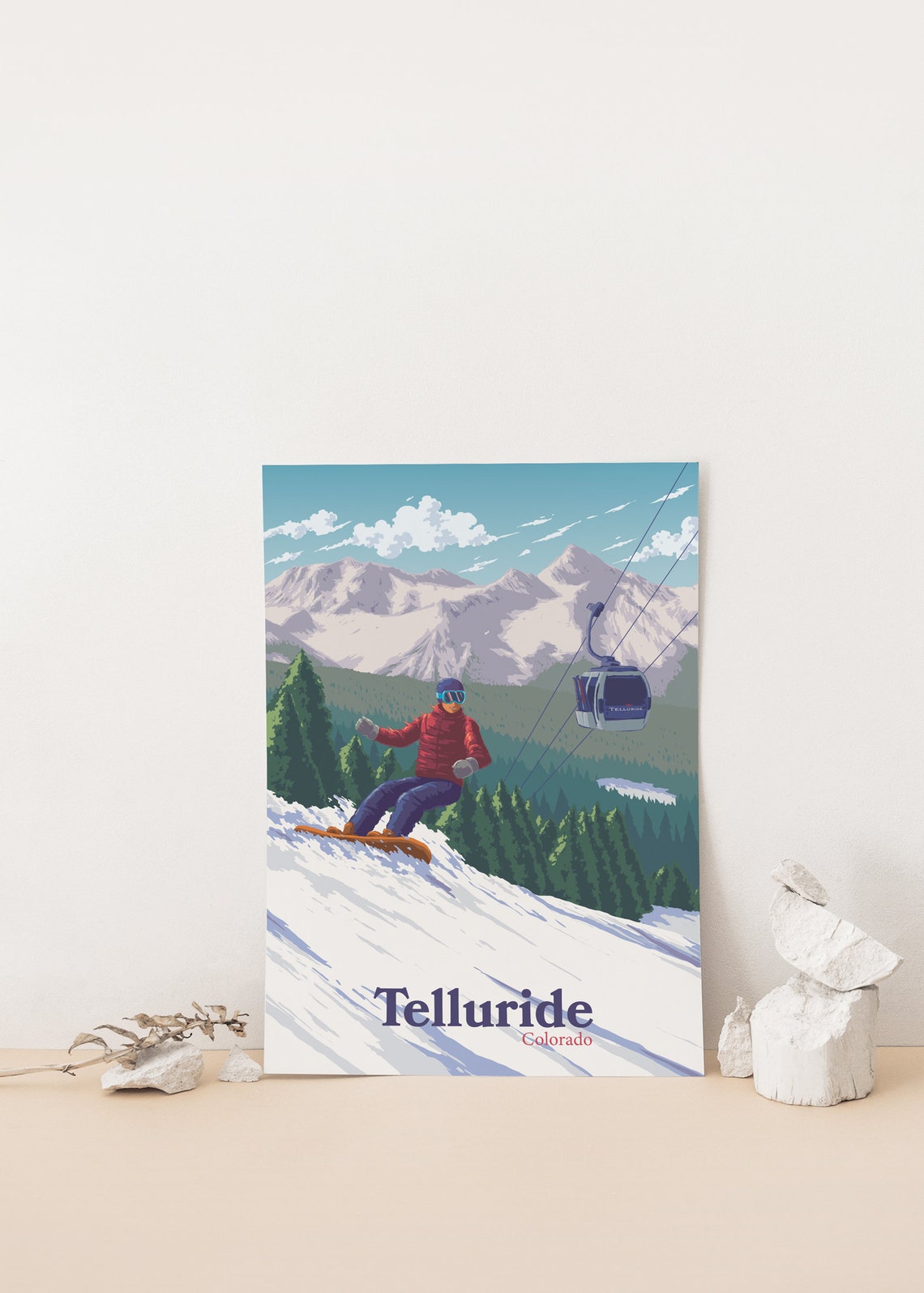 Telluride Colorado Snowboarder On Powder With Gondola View Poster - Image 4