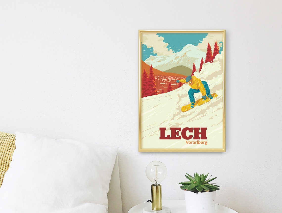 Lech Vorarlberg Austria Vintage Snowboard Carve Slope Travel Poster - Image 3