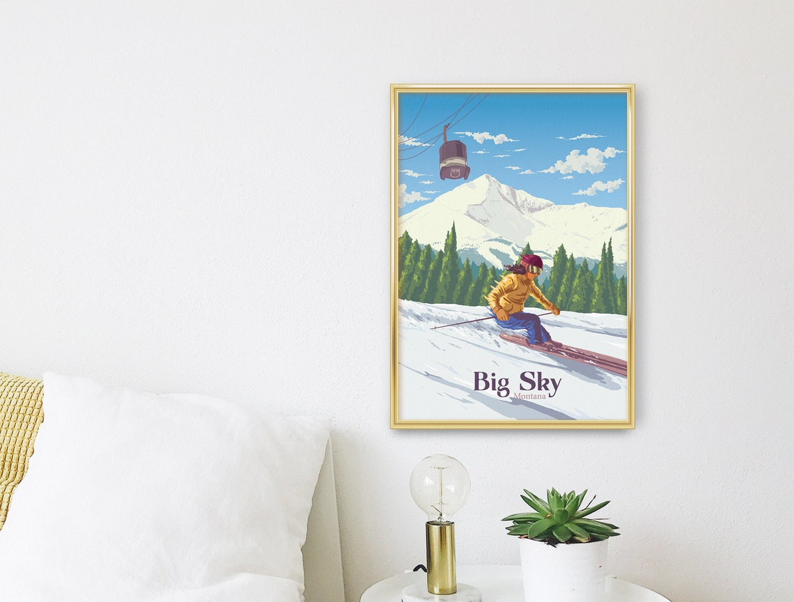 Big Sky Montana Skier Descending Gondola Peak Scene View Poster - Image 3