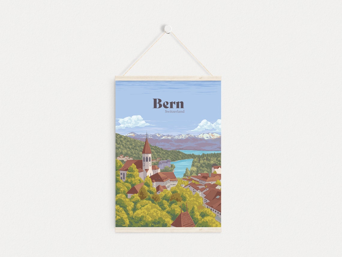 Bern Switzerland Travel Poster Aare River Vintage Travel Print Fountains Unesco Bern Old Town Cathedral The Gurten Swiss Alps - Image 2