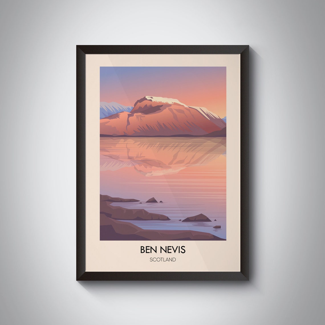Ben Nevis Summit Mirrored In Loch At Sunset Scotland Travel Poster