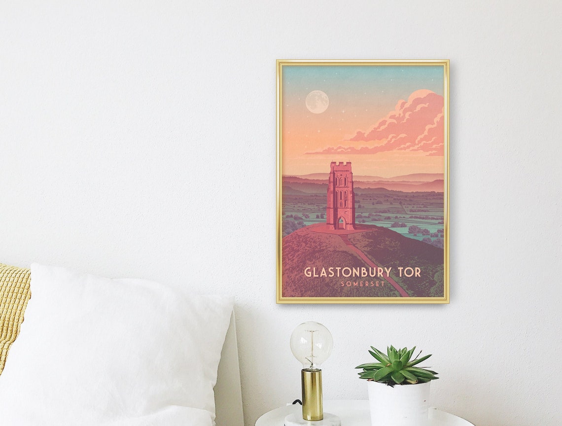 Glastonbury Tor Somerset Moonlit Tower Panoramic Sunset Poster - Image 3