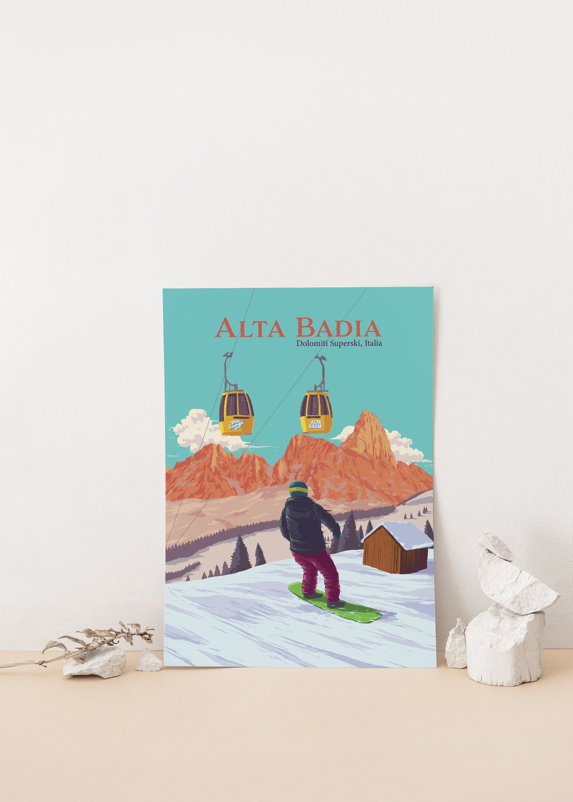 Alta Badia Italy Dolomites Snowboarder Gondolas Peak Scene Art Poster - Image 4