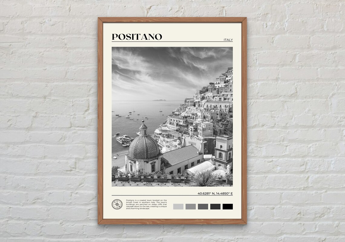 Black and White Positano, Amalfi Italy Travel Poster