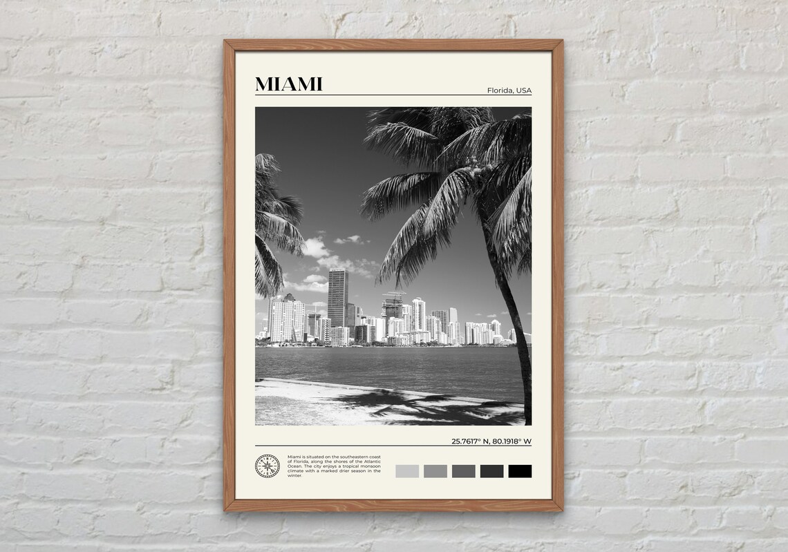 Miami Black and White Travel Poster, Florida Art Print