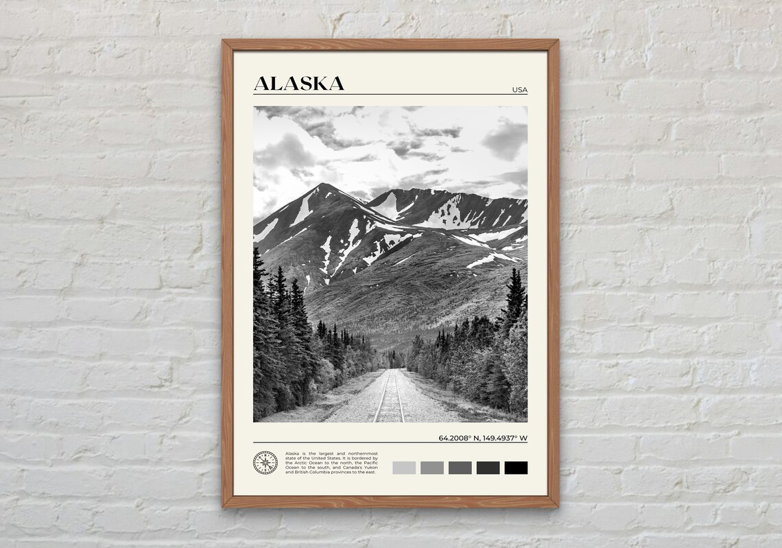 Alaska Black and White Travel Poster, Wall Art Print