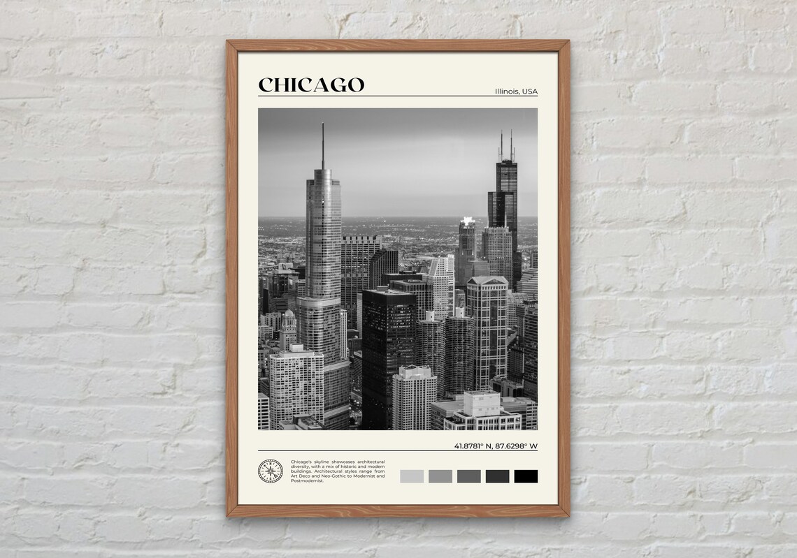Chicago Black and White Travel Poster, City Wall Art