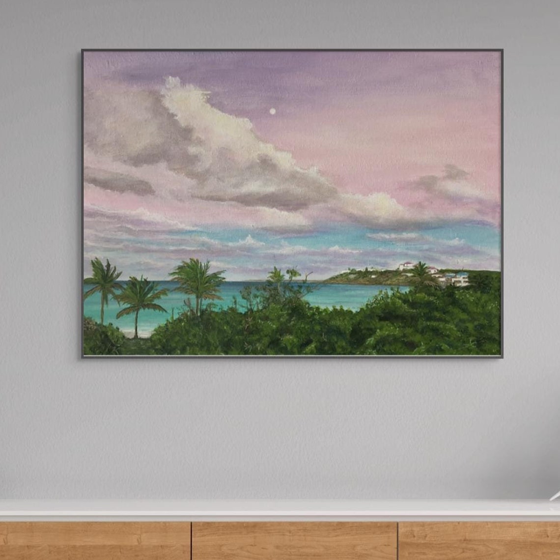 Lavender Sunset Sky Turquoise Bay Palm Trees Moonrise Beach Poster - Image 3