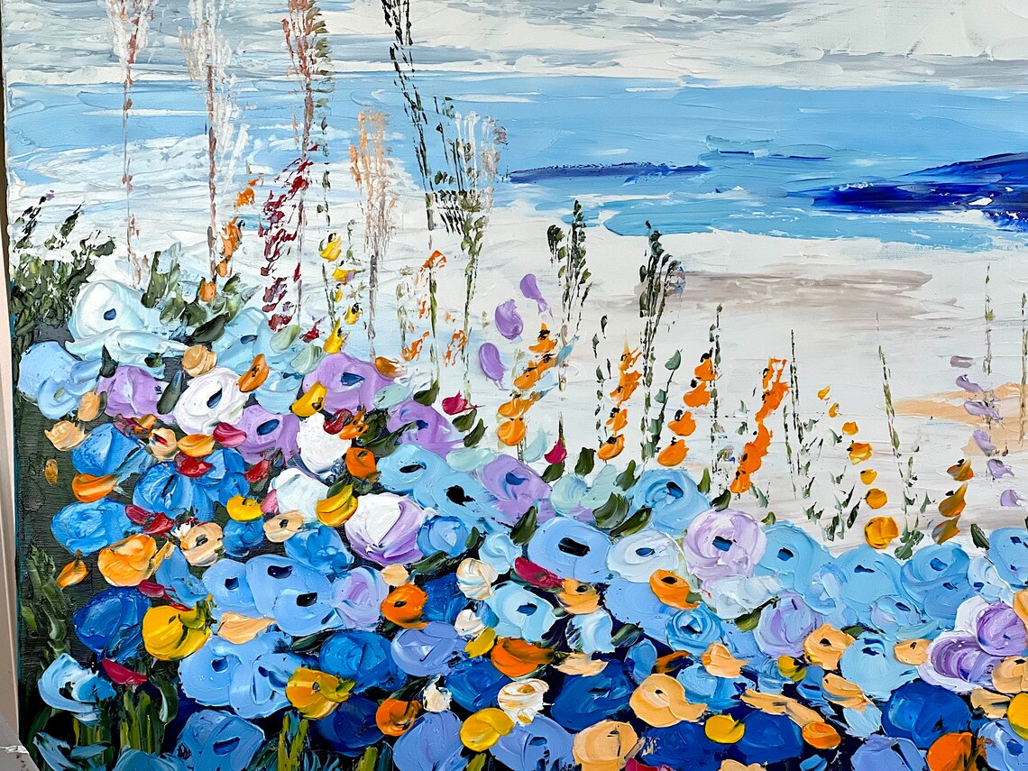 Beach Path With Blue and Yellow Flowers, Oil Painting Poster