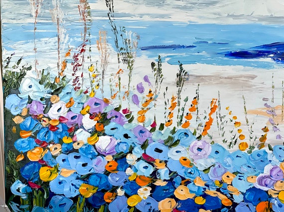 Beach Path With Blue and Yellow Flowers, Oil Painting Poster