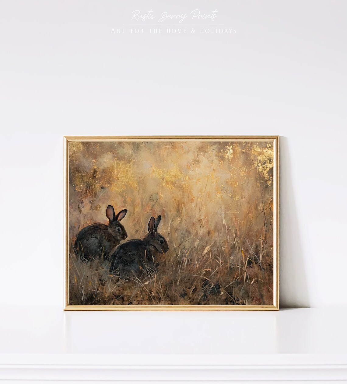 Vintage Easter Bunnies Oil Painting Wall Art Easter Spring Decor Moody Warm Tone Print Instant
