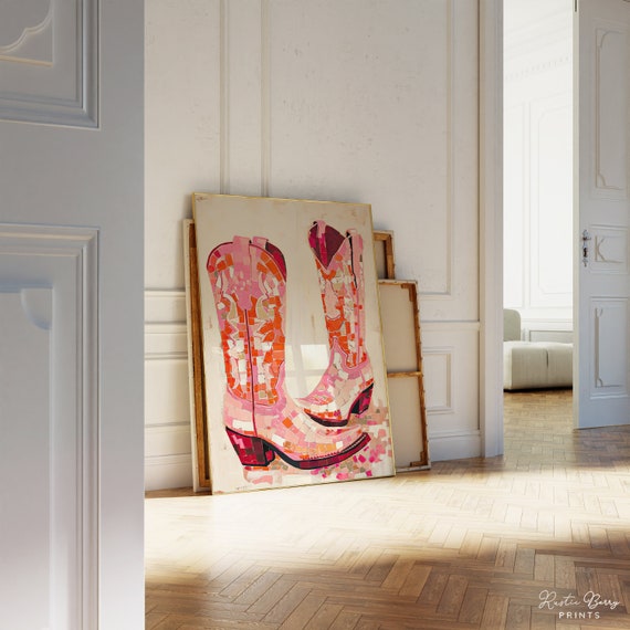 Pink Orange Cowgirl Boots Art Print Wall Art Poster Vintage Preppy Trendy Western Decor Dorm Room Instant