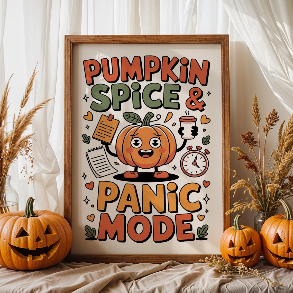 Pumpkin Spice and Panic Mode Kawaii Fall Coffee Humor Autumn Decor Poster