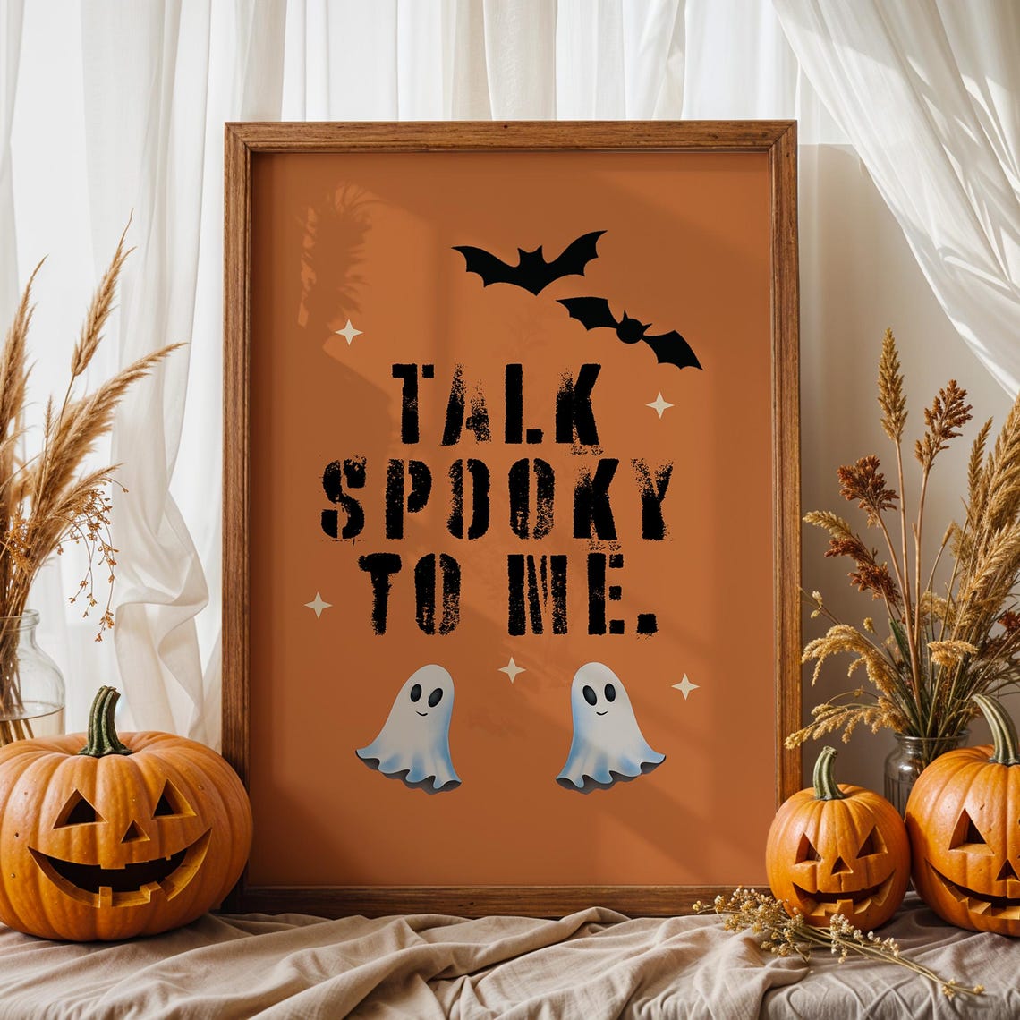 Talk Spooky To Me Funny Halloween Ghost Bats Orange Quote Poster