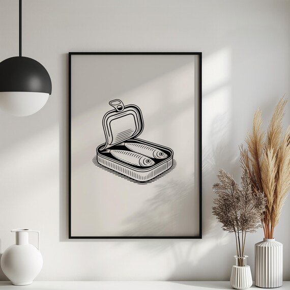 Sardine Tin Line Art Minimalist Coastal Kitchen Decor Poster