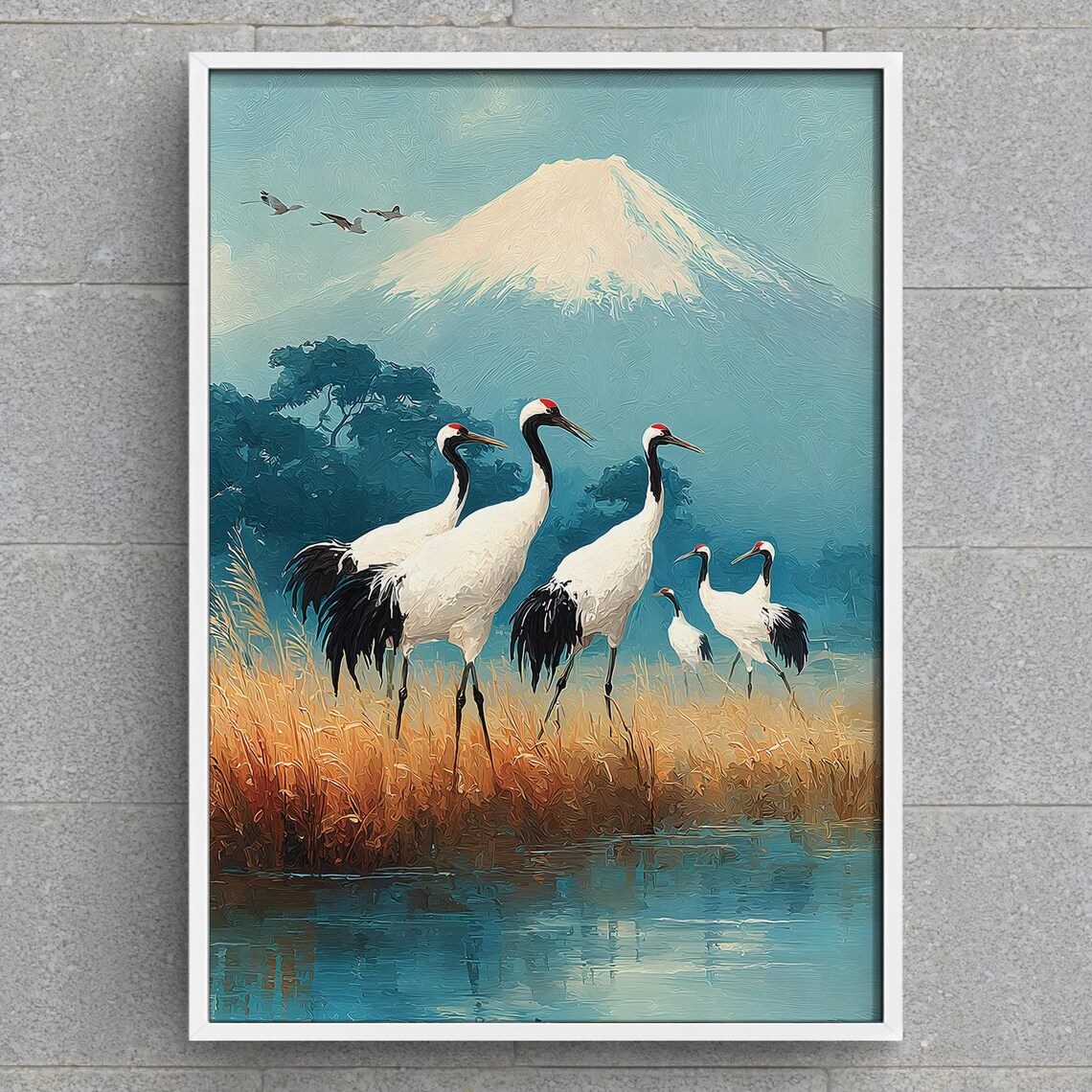 Japanese Cranes Before Mount Fuji Red Crowned Bird Art Print