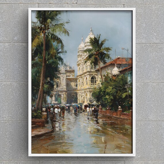 Chennai Street Print India Colonial Architecture Art Madras Cityscape Palm Tree Rainy Road Painting Travel Poster
