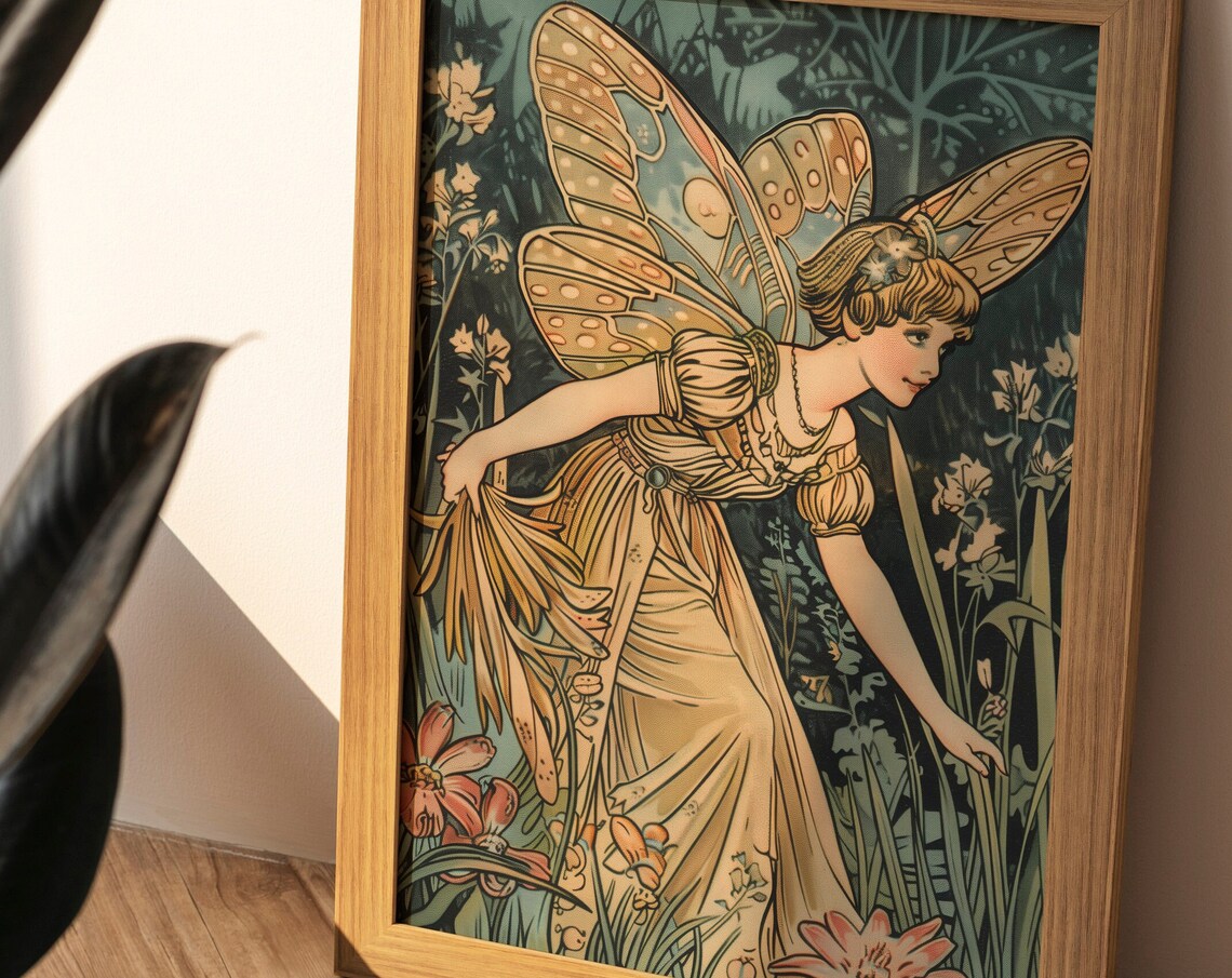 Gold Art Nouveau Fairy Among Flowers Vintage Storybook Poster - Image 2