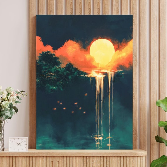 Surreal Waterfall Art Dark Moody And Enchanted Wall Art Print With Sunset For Dreamy Fantasy Bedroom Or Unique Living Room Decor
