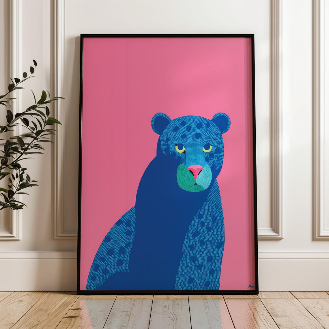 Majestic Blue Panther Minimal Pop Art on Pink Background Poster