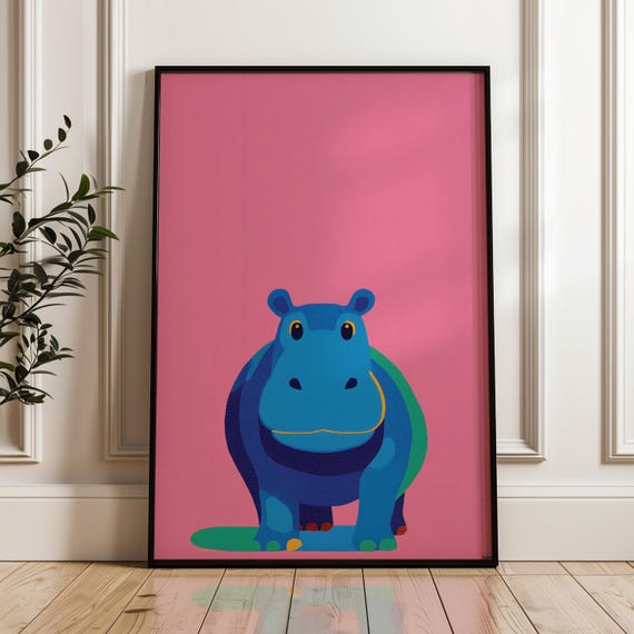 Minimal Hippo Art Print Modern Pop Poster Blue And Pink Wall Decor Playful Home