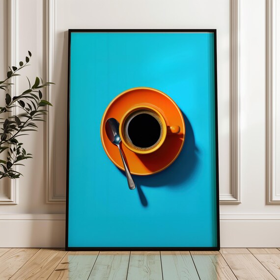 Orange Coffee Cup Bright Turquoise Background Retro Pop Kitchen Poster