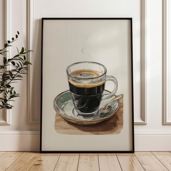 Espresso Cup Watercolor Sketch Minimal Cafe Kitchen Coffee Art Poster