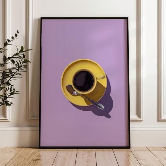 Coffee Cup Wall Decor Yellow And Purple Poster Kitchen Print