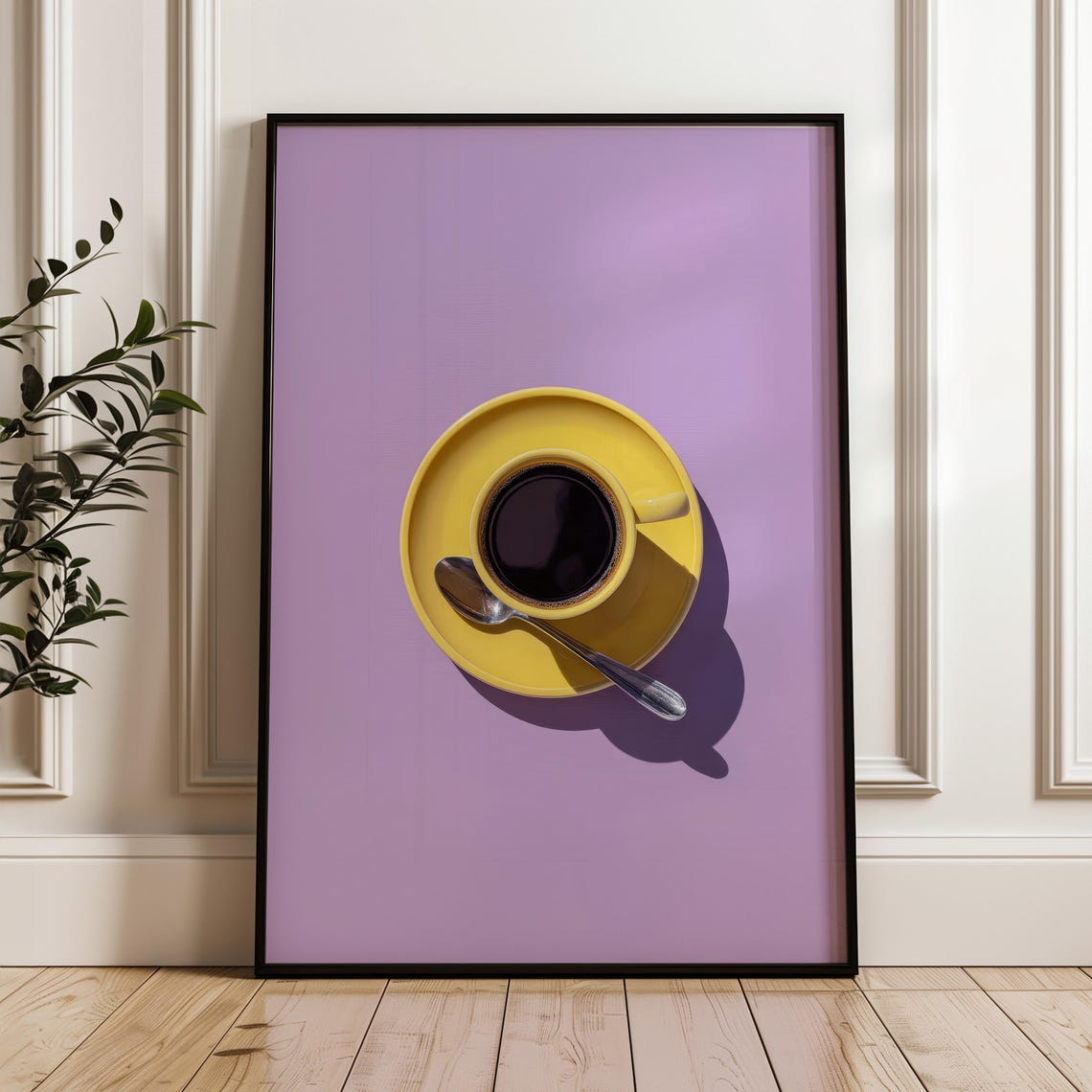 Yellow Coffee Cup on Purple Background Bold Pop Art Kitchen Poster