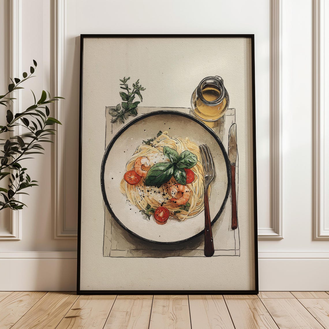 Shrimp Pasta Top View Hand Drawn Elegant Seafood Kitchen Art Poster