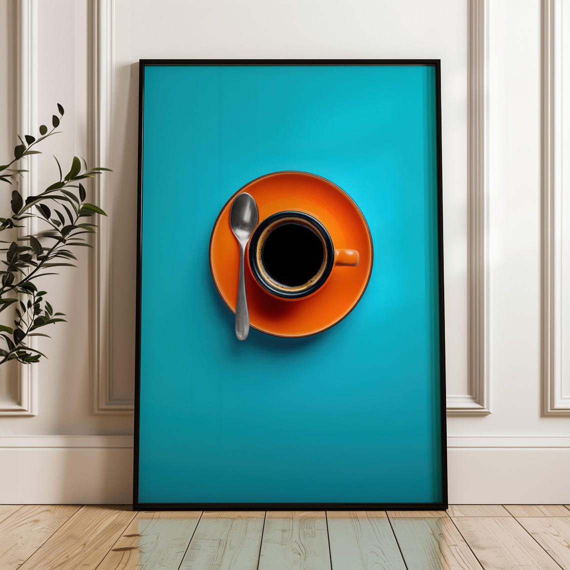 Orange Coffee Cup Top-Down Bold Turquoise Background Kitchen Poster